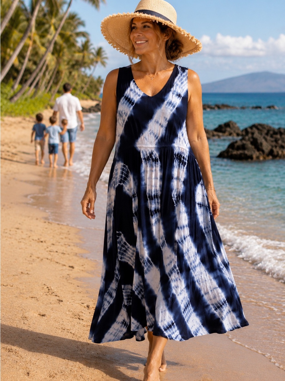 OSO Casuals Tie Dye Maxi | Boho Beach Vacation Sleeveless 1X Navy White Rayon